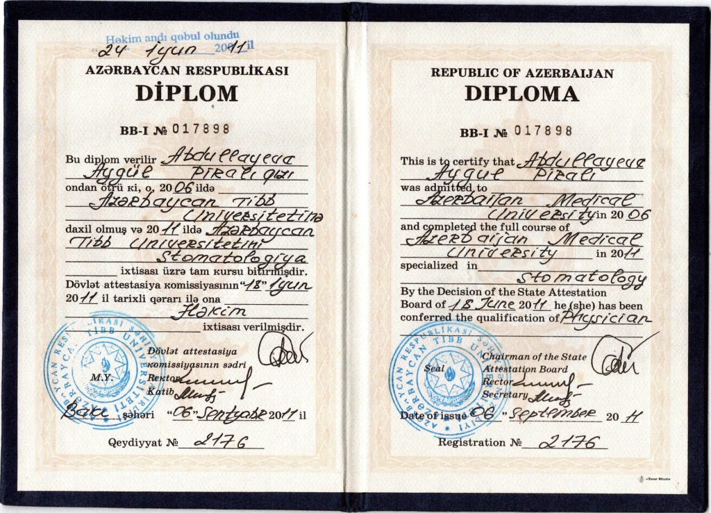 Dr. Aygül Cəniyeva — Ali təhsil diplomu