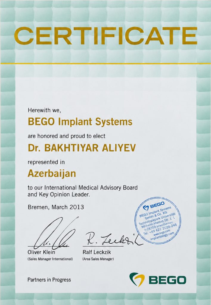 د. بختيار علييف — BEGO Implant Systems: المجلس الاستشاري الطبي الدولي وقائد رأي رئيسي