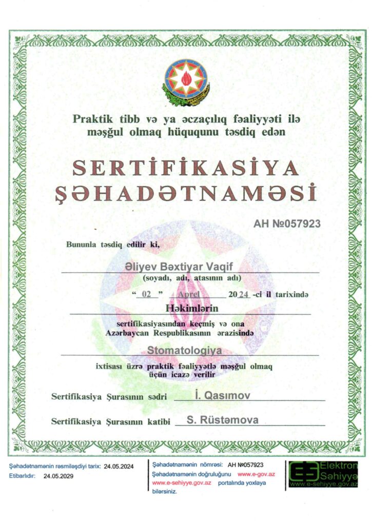Dr. Bəxtiyar Əliyev — Sertifikasiya şəhadətnaməsi