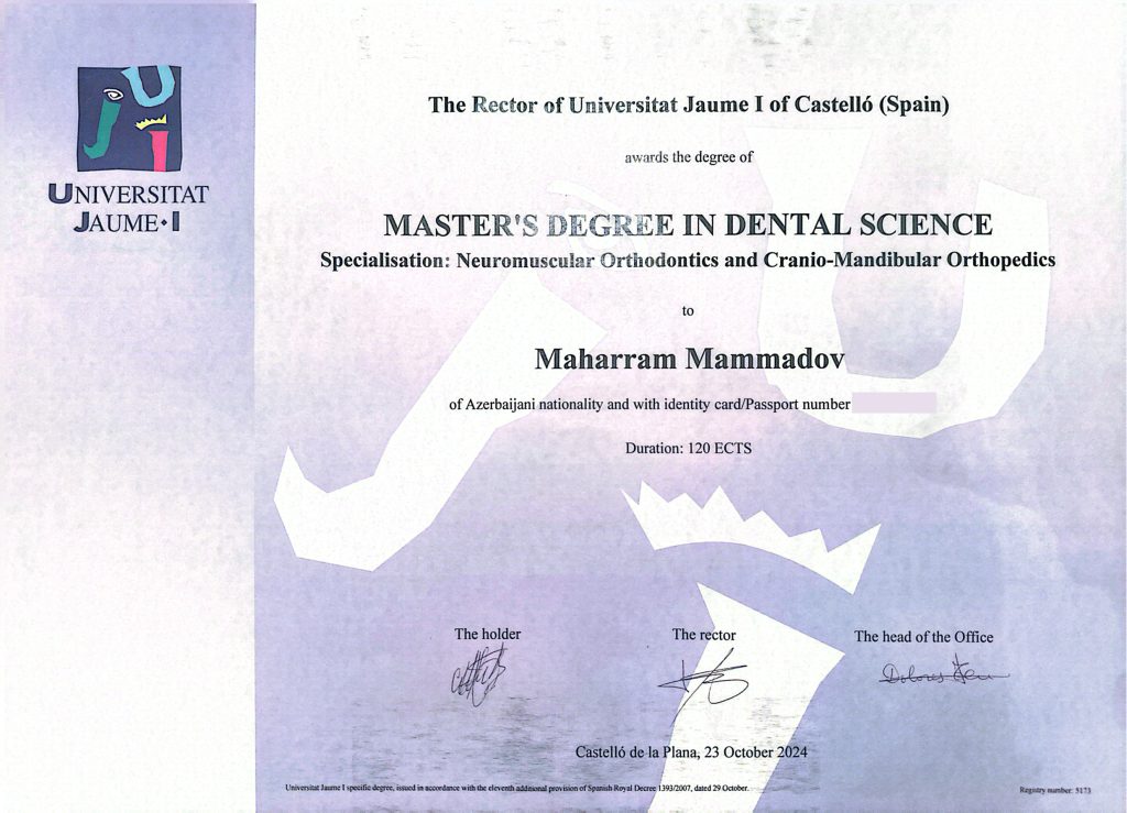 Dr. Məhərrəm Məmmədov — Magistr diplomu (Jaume I Universiteti, İspaniya)