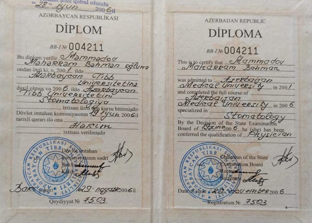 Dr. Məhərrəm Məmmədov — Ali təhsil diplomu