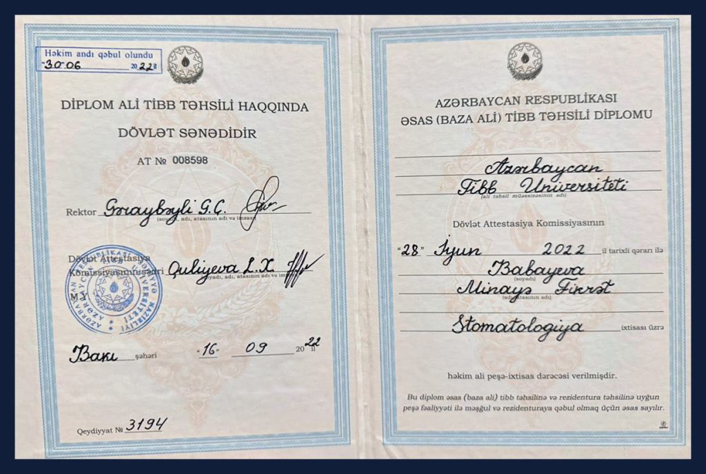 Dr. Minayə Babayeva — Ali təhsil diplomu